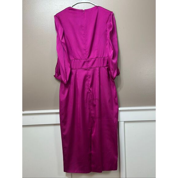 NWT Ieena For MAC DUGGAL High Neck Lined Magenta 3/4 Sleeve Midi Dress Women's 6 - Picture 11 of 14